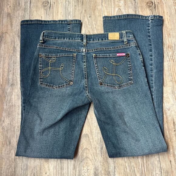 Y2K Flare Jeans Low Rise Dark Wash Yellow Stitch Hot Pink Blue Unique Grunge 29 - Picture 2 of 10